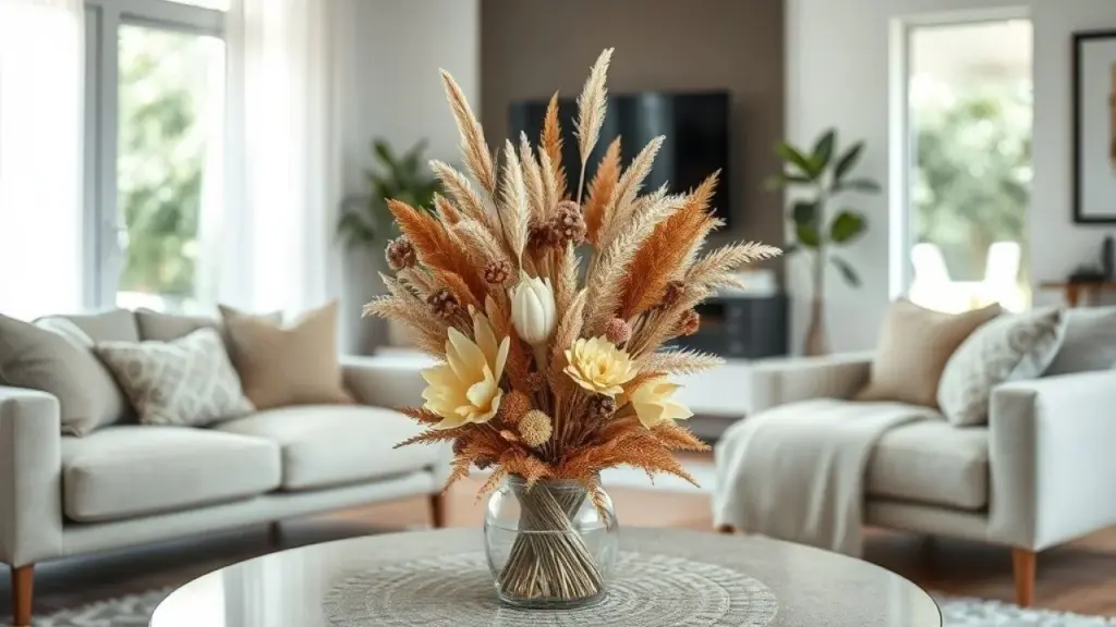 Arranjo de flores secas finalizado em mesa de centro de sala brasileira.