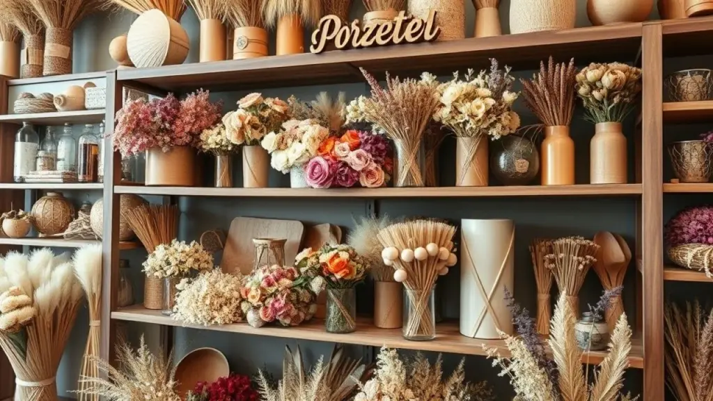 Prateleira com flores secas e materiais em loja de artesanato brasileira.