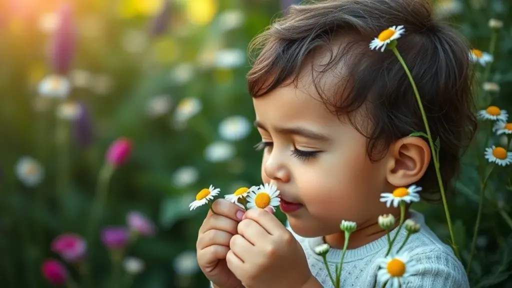 Criança cheirando uma flor de camomila em um jardim.