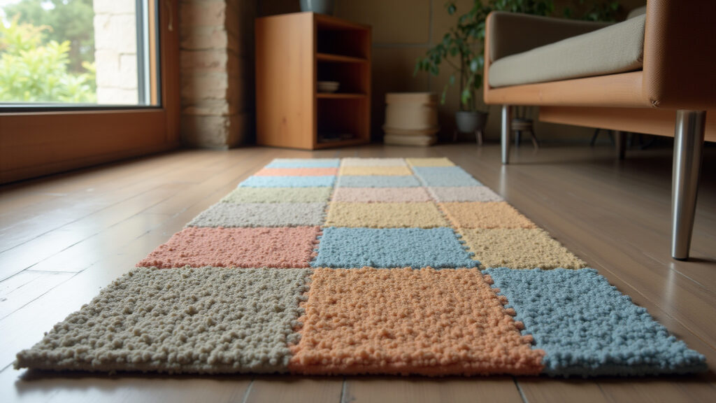 Anti-slip patchwork rug. Safe design, natural light, Farm Rio style, secure base, professional Tapete de retalhos com base antiderrapante, segurança em primeiro lugar.
