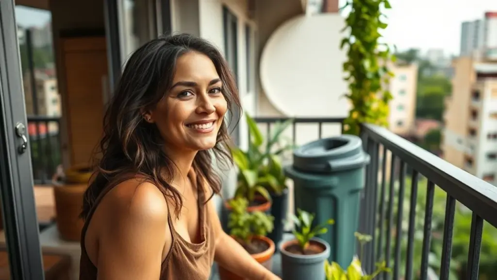Mulher sorrindo em varanda de apartamento com composteira e pequena horta urbana.