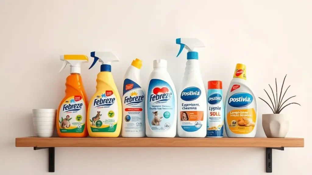 Arrangement of cleaning products (Febreze, Lysoform, Positiv.a) on a shelf in a Brazilian home, Cleaning products on a shelf: Febreze, Lysoform, Positiv.a.