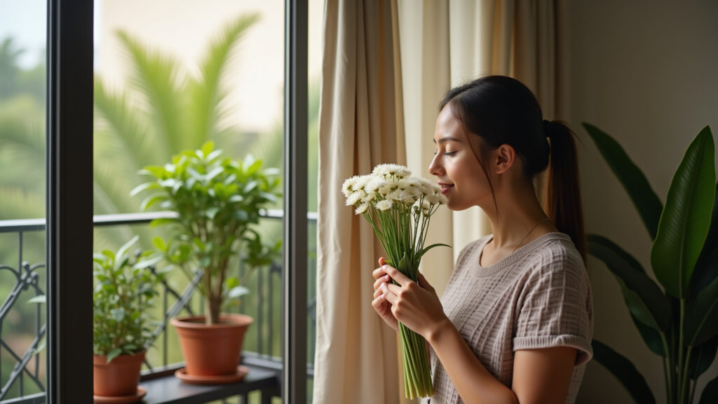 Balcony with hoya plant, soft light, Brazilian design, lifestyle photography, 8K quality, sharp Varanda charmosa com flor-de-cera pendente e perfume suave.