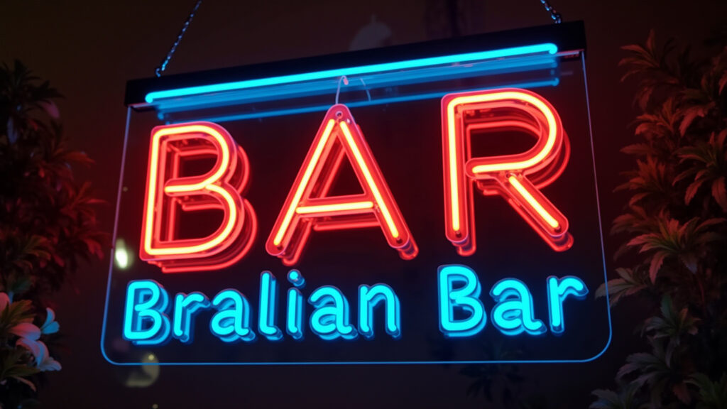 Bar luminous sign DIY, vibrant colors, inviting message, Brazilian bar, professional photography, Letreiro luminoso DIY para bar com cores vibrantes e mensagem convidativa.
