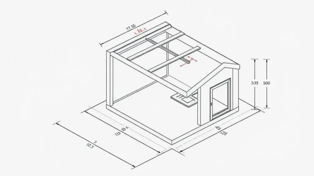 Esboço de projeto de casinha de cachorro moderna, com dimensões e materiais. Planejamento DIY.