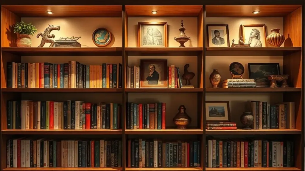 Estante com iluminação destacando objetos decorativos.