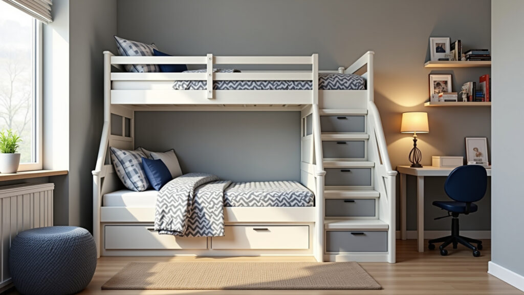 Quarto de menino com bicama, solução inteligente para irmãos ou visitas.