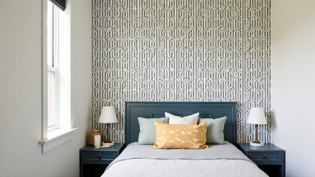 Quarto de menino com papel de parede estampado e design geométrico.