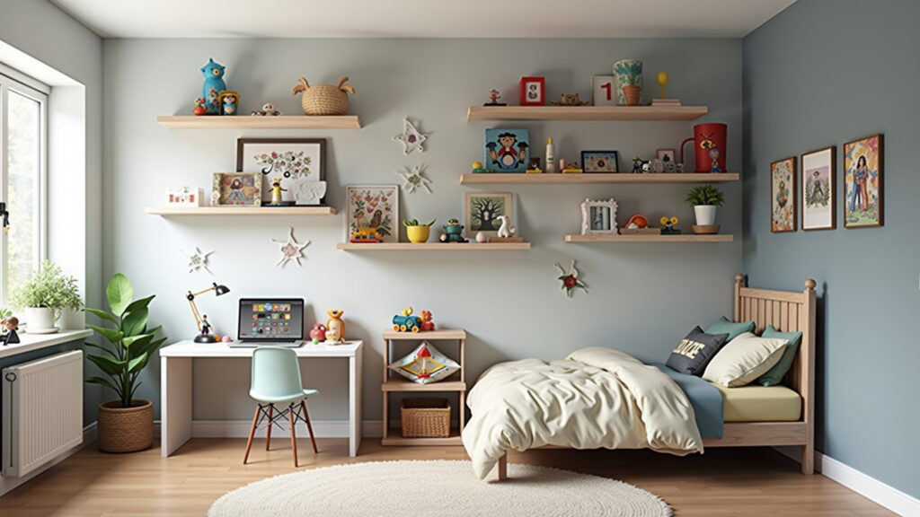 Quarto de menino com prateleiras organizadas e decoração estilosa.