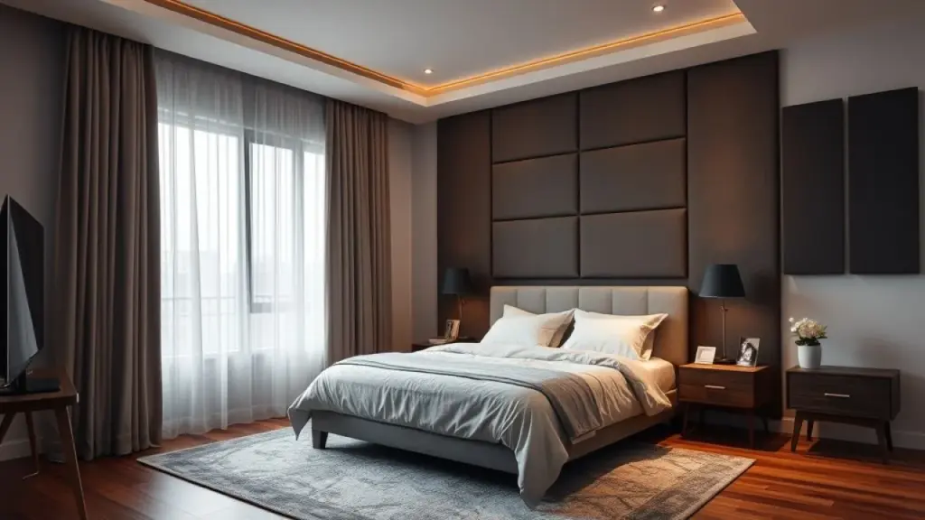 Quarto com cortinas grossas e painéis acústicos para isolamento sonoro.