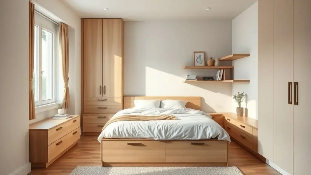 Quarto brasileiro com cama com gavetas e prateleiras otimizando o espaço.