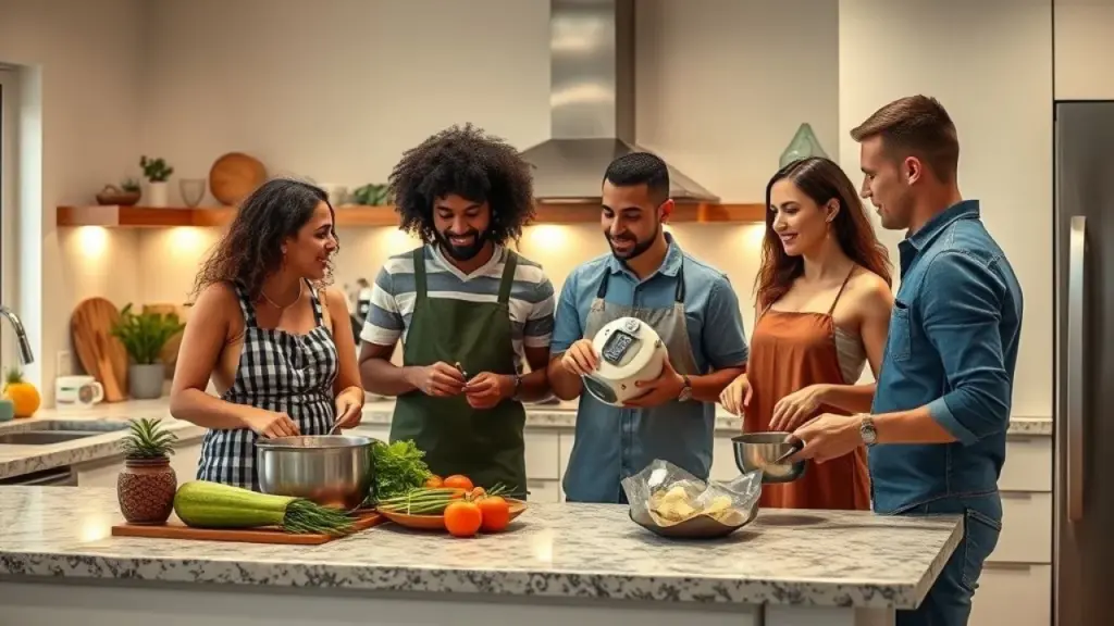 Brazilian family cooking in a modern kitchen with a perfectly sized granite countertop. Família brasileira cozinhando em cozinha americana com bancada de granito ergonômica.