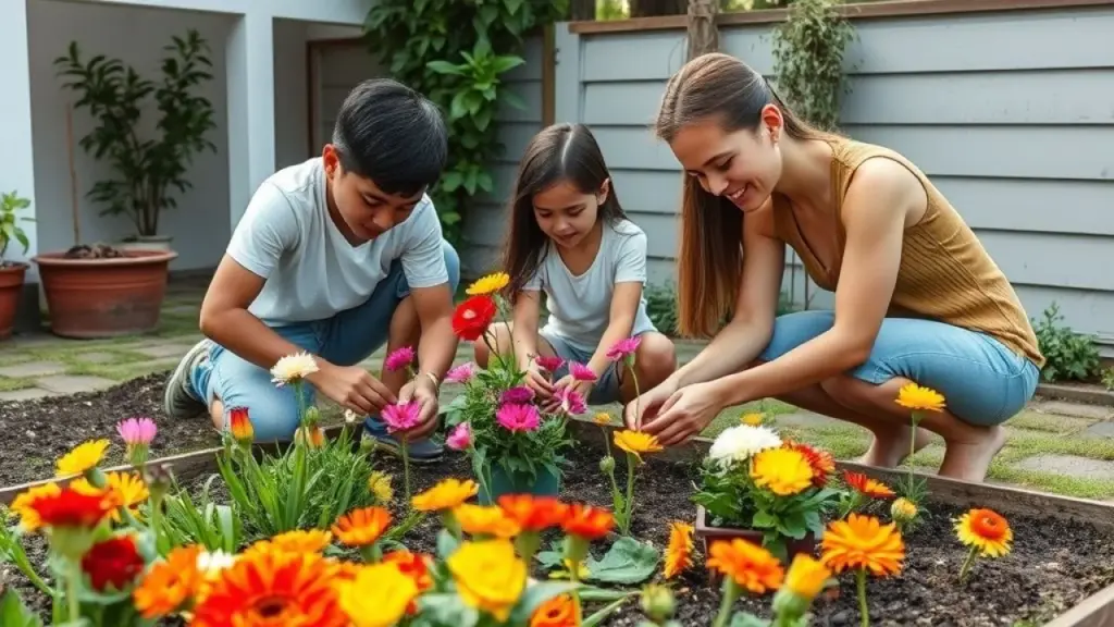 Família brasileira plantando flores em um jardim.