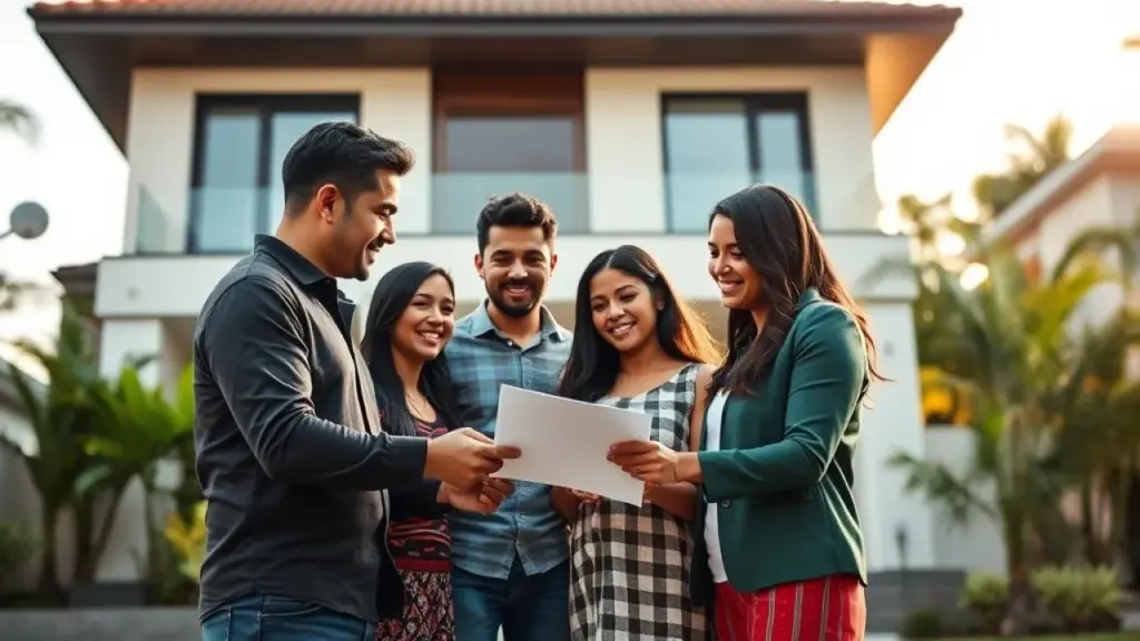 Família brasileira assinando contrato de financiamento imobiliário com representante bancário.