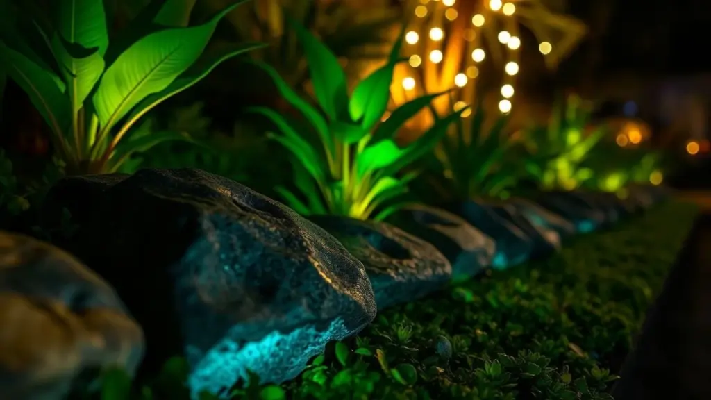Pedras decorativas que brilham no escuro em jardim noturno brasileiro. Detalhes que valorizam a estética.