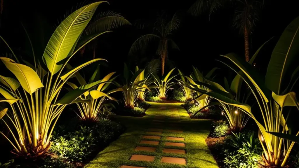 Caminho iluminado com LED quente em jardim noturno. Iluminação estratégica para um ambiente acolhedor.