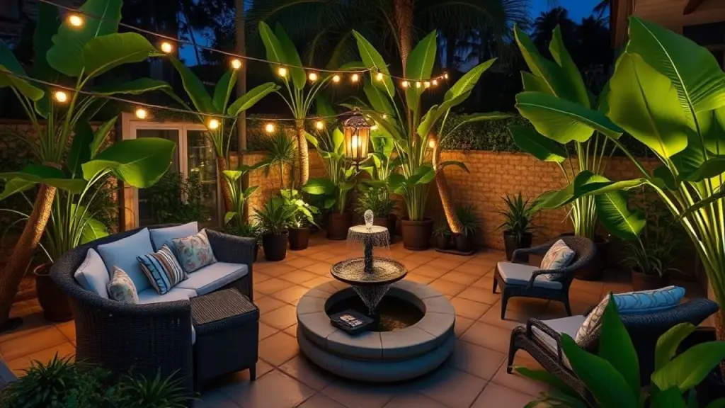 Pátio relaxante em jardim noturno com móveis confortáveis e fonte de água. Espaço de contemplação sob as estrelas.