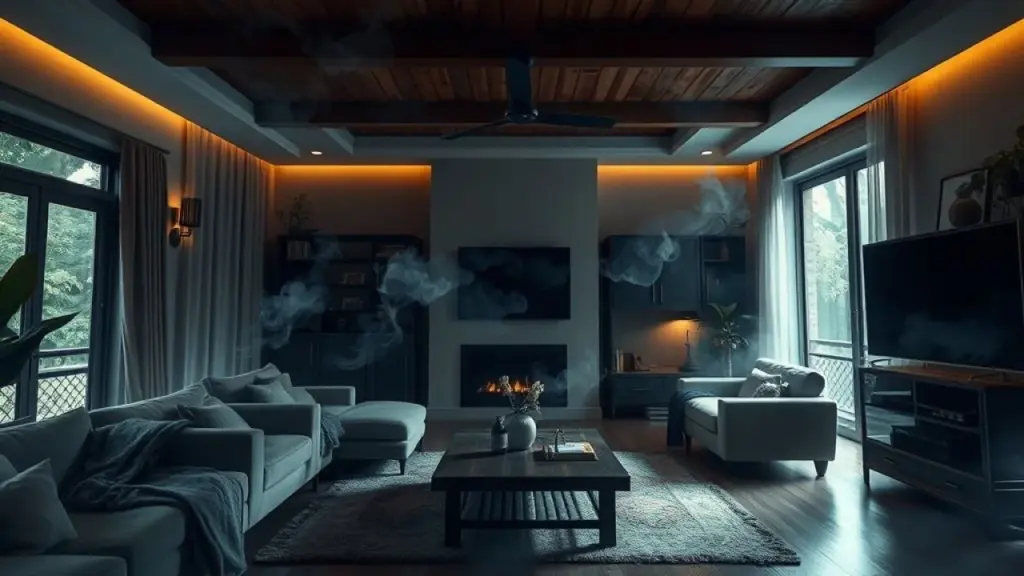 Brazilian living room interior with smoke visibly spreading through the air, low lighting, creating Cigarette smoke spreading through a Brazilian living room.
