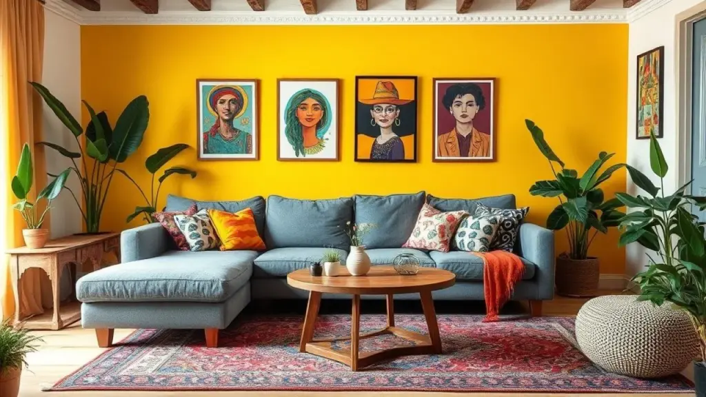 Sala de estar com sofá cinza, parede amarela, arte colorida e tapete estampado.