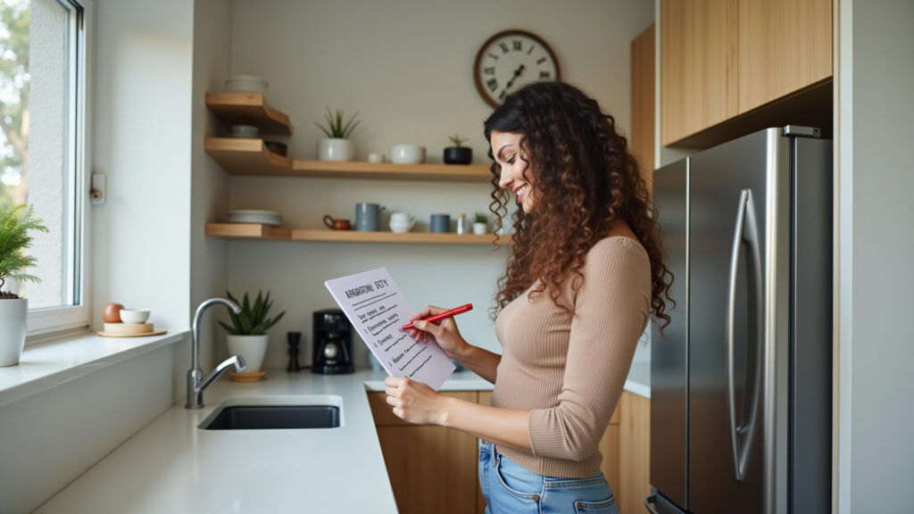 Brazilian woman checking a shopping checklist for appliances in a modern kitchen. Natural light, Mulher checando checklist de compras de eletrodomésticos.