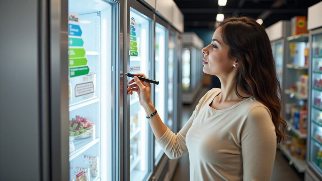 Brazilian woman checking energy efficiency label on a refrigerator in a store. Procel seal, 8K, Mulher checando o selo Procel em geladeira.