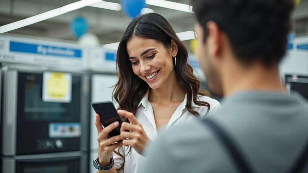 Brazilian woman comparing prices on her smartphone in an appliance store. Bright, commercial Mulher comparando preços de eletrodomésticos.