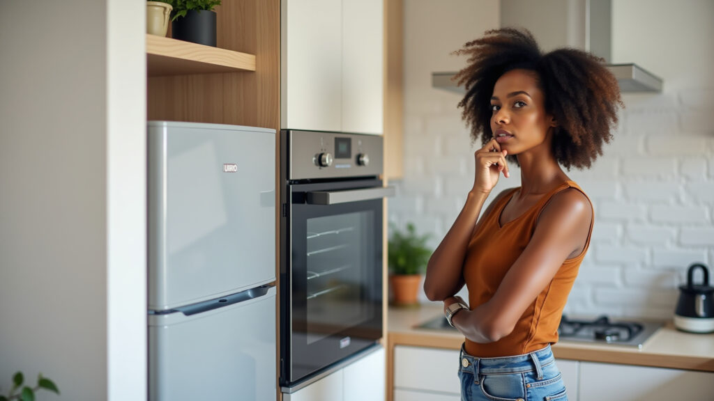 Brazilian woman pausing before buying a new appliance, thoughtfully considering her options. 8K, Mulher pensando antes de comprar eletrodoméstico.