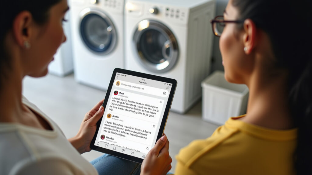 Brazilian woman reading online reviews of a washing machine on her tablet. Lifestyle photography, Mulher lendo reviews de máquina de lavar.