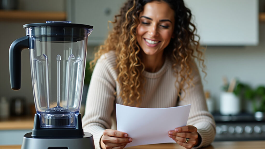 Brazilian woman reading warranty information for a new blender. Close-up, commercial photography, Mulher lendo informações de garantia de liquidificador.