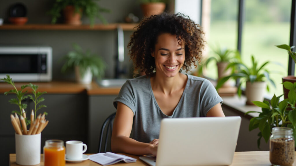 Brazilian woman setting a budget for new appliances on her laptop. Farm Rio style, natural light, Mulher definindo orçamento para eletrodomésticos.