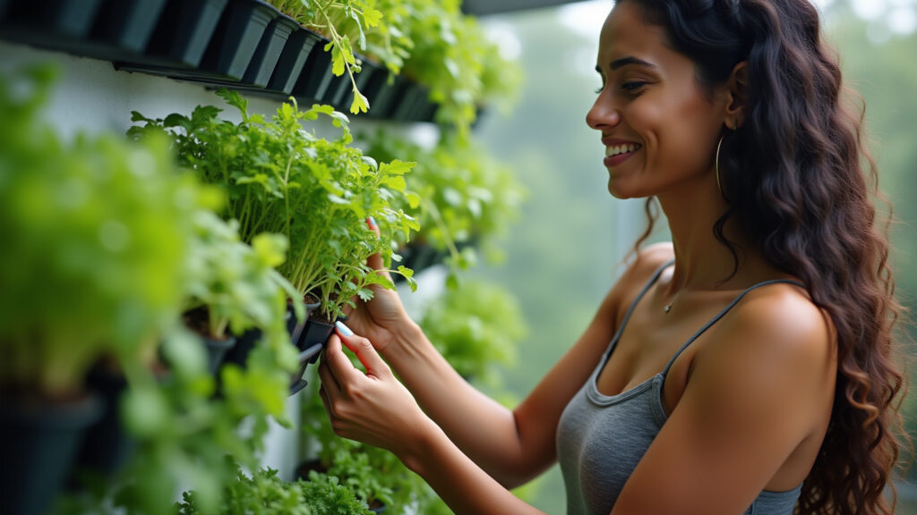 Brazilian woman tending to her vertical herb garden, close-up, variety of herbs, natural light, 8K, Mulher cuidando de jardim vertical de temperos.