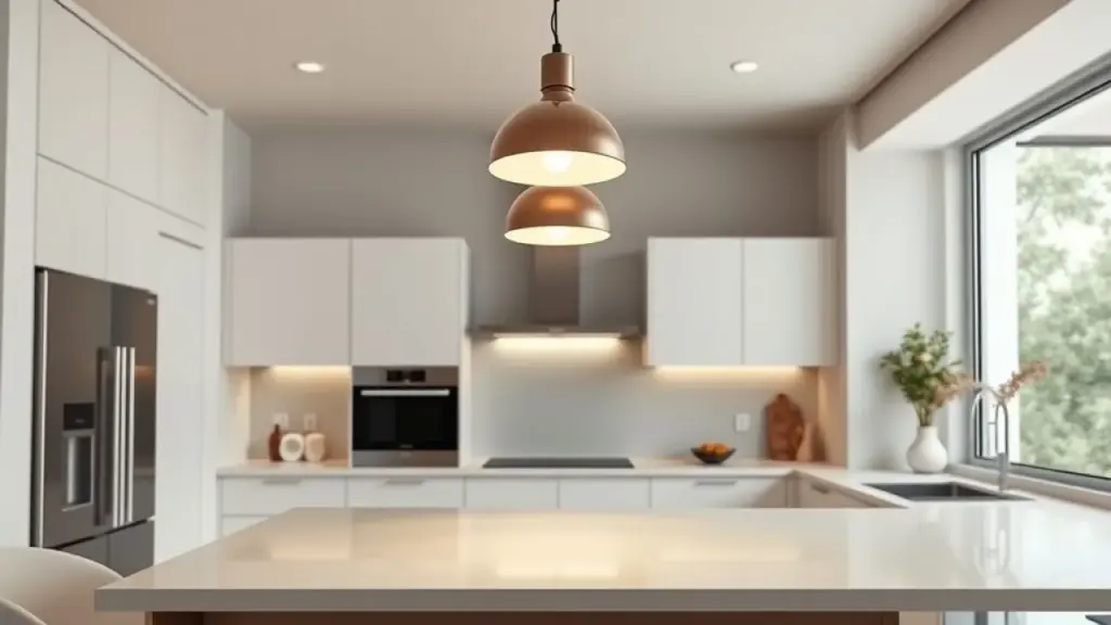 Bright and airy Brazilian kitchen with modern pendant lights illuminating a sleek countertop. Cozinha americana iluminada com pendentes modernos e bancada clean. Design minimalista e convidativo.