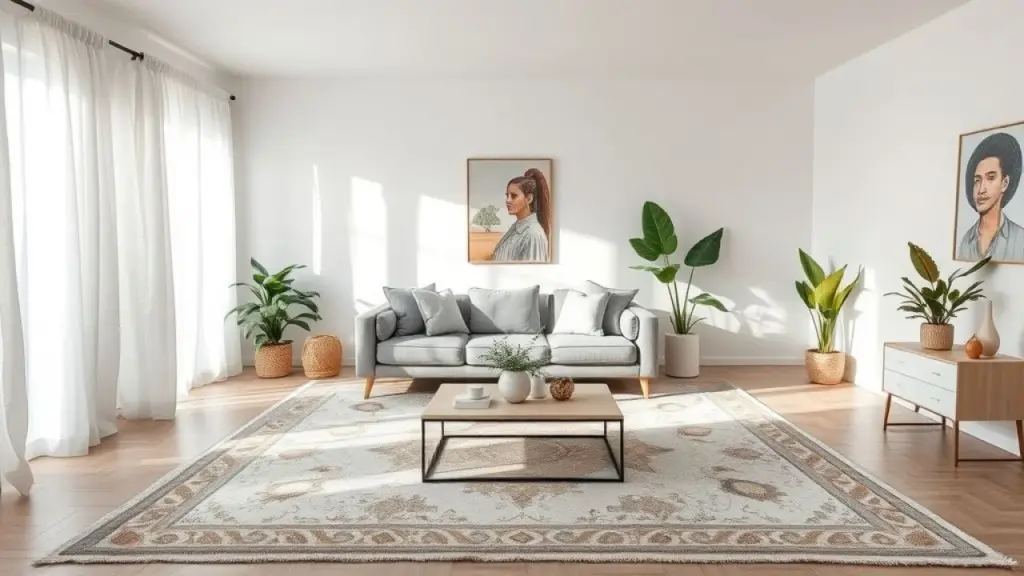 Sala de estar iluminada com sofá cinza, cortinas de linho e tapete grande.