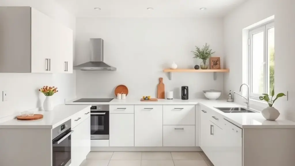 Clean and minimalist Brazilian kitchen with limited decor. Professional interior photography, Cozinha americana minimalista com poucos objetos decorativos. Ambiente clean e organizado.