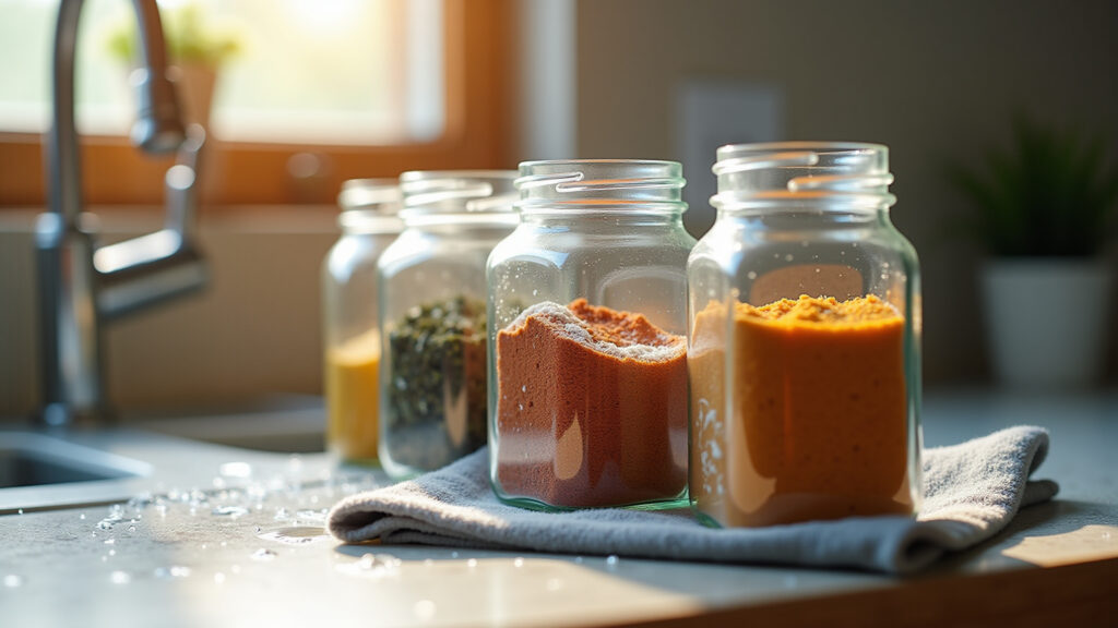 Lavando potes de tempero antes de organizar.