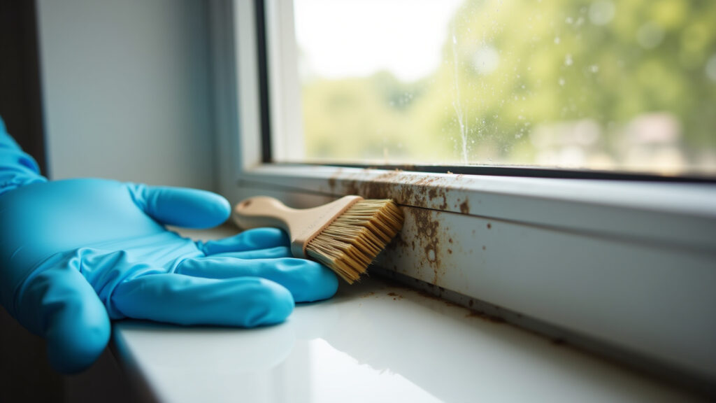 Close-up, gloved hand cleaning moldy window track with bleach solution, brush, safety first, Remoção de mofo de trilho de janela com água sanitária.