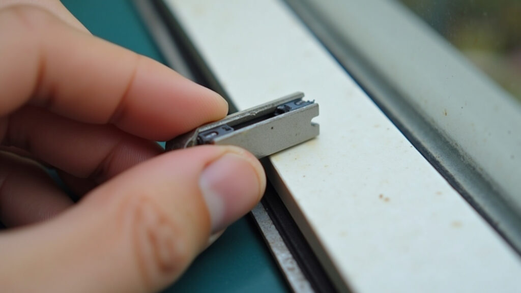 Close-up, hand showing damaged aluminum window track from abrasive cleaner, caution, natural light, Danos causados por produtos abrasivos em trilho de janela.