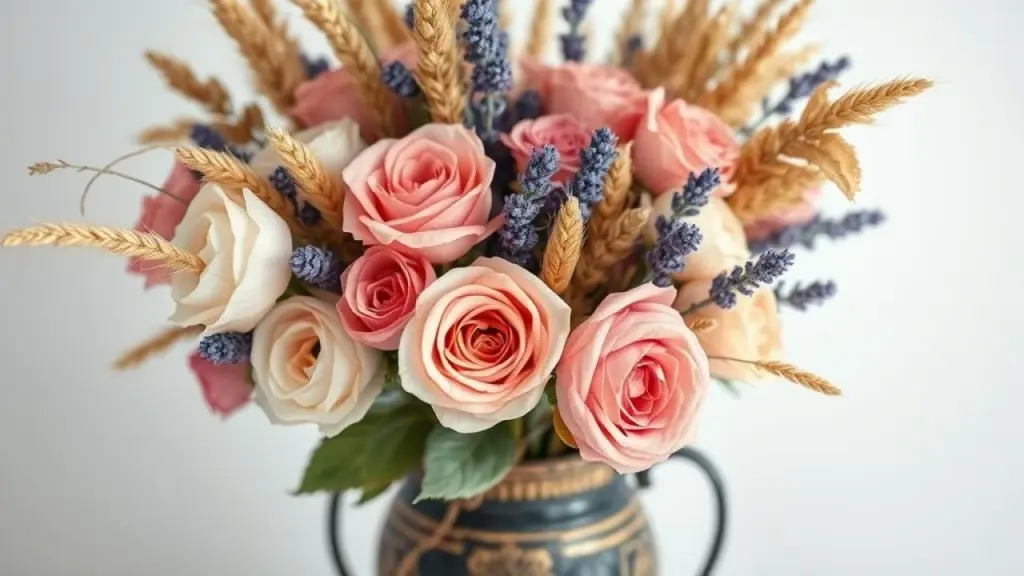 Arranjo de flores secas em vaso rústico com rosas, lavanda e trigo.