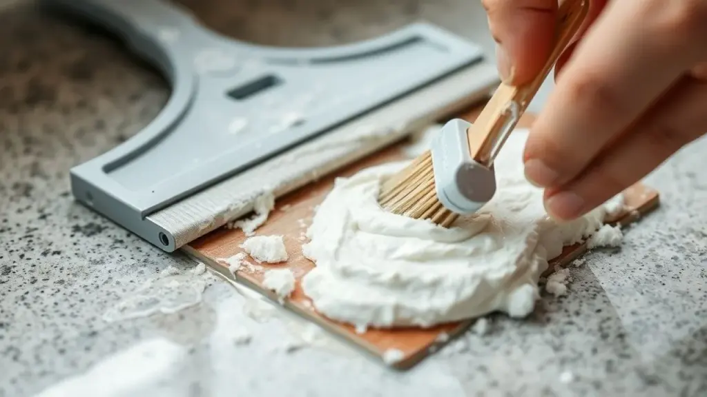 Close-up of a hand scrubbing stubborn stains on a kitchen squeegee with a paste made of baking soda Removendo manchas difíceis do rodo de pia com bicarbonato de sódio.