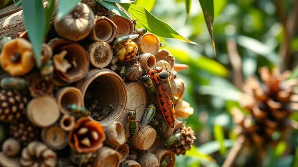 Hotel para insetos vibrante em jardim brasileiro, com abelhas e joaninhas.