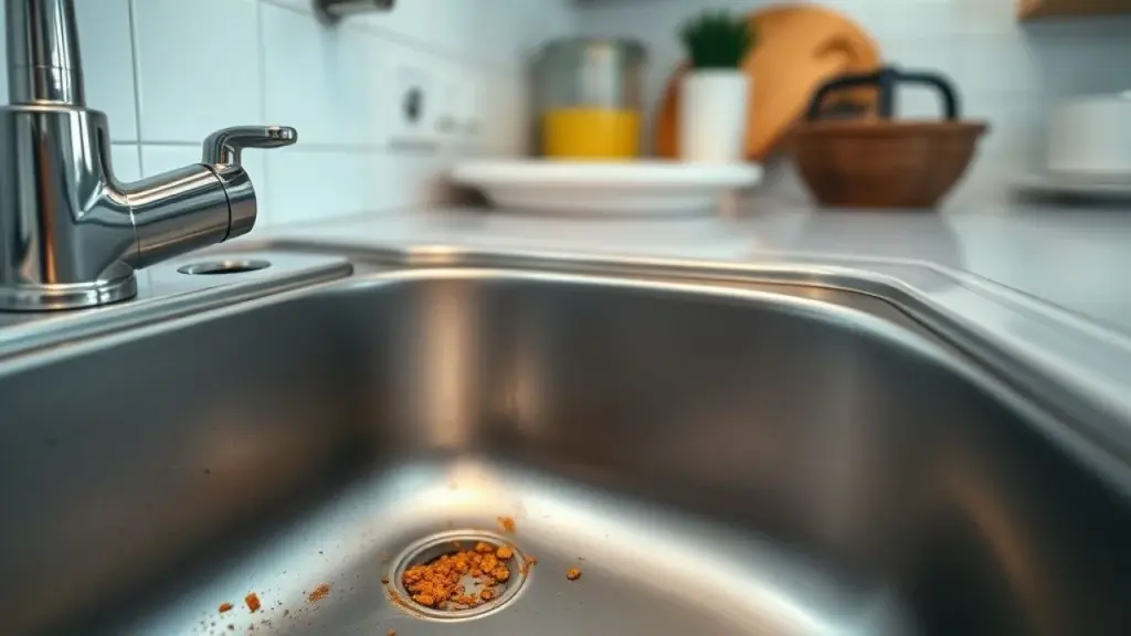 Close-up of a well-used kitchen sink with visible food residue near the drain, contrasting with a Pia de cozinha com resíduos de comida, destacando a importância da limpeza do rodo para higiene.