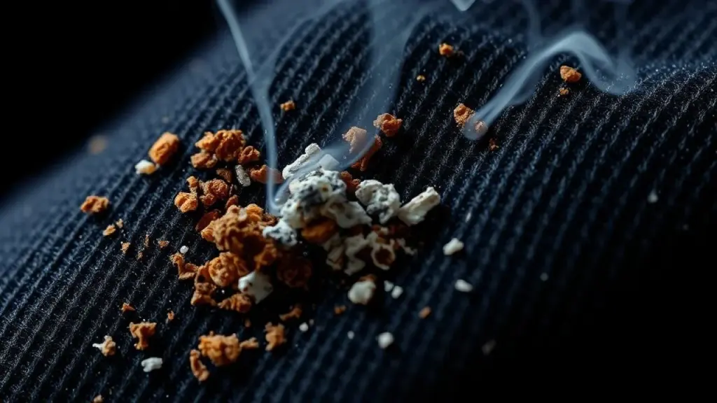 Close-up of cigarette smoke particles clinging to fabric fibers, macro photography, high resolution Microscopic view of cigarette smoke particles on fabric, showing residue.