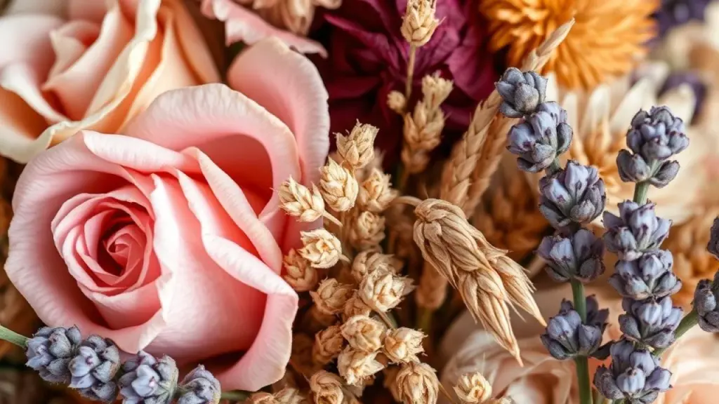 Detalhe de texturas em arranjo de flores secas: rosas, trigo e lavanda.