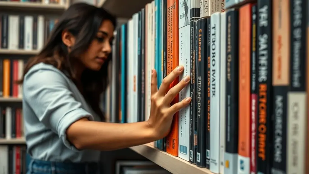 Mãos organizando livros por gênero e autor em estante.