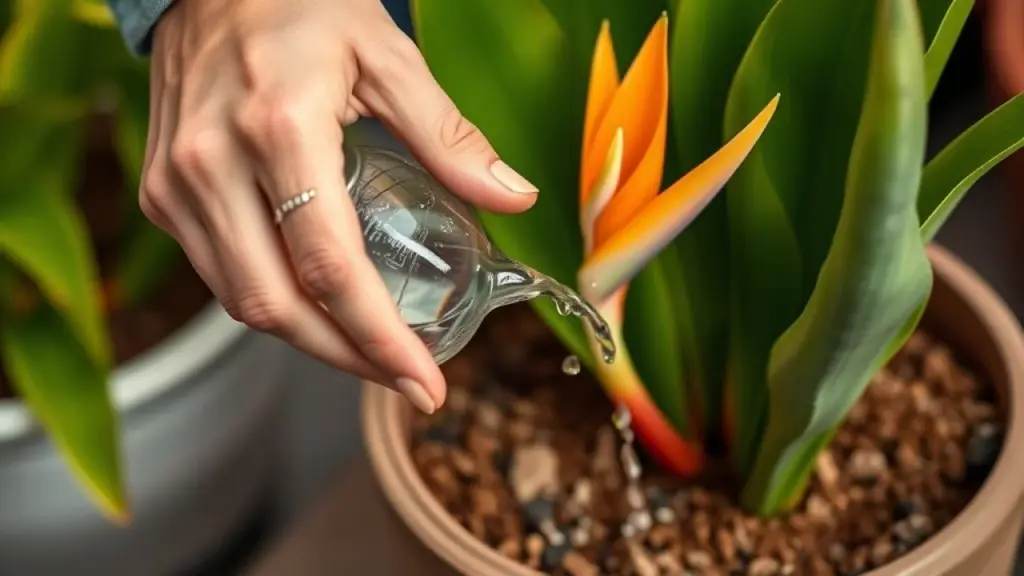 Mãos regando Estrelítzia em vaso, cuidado com a planta, detalhes da terra.