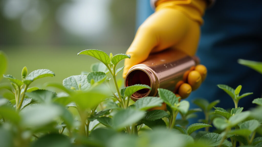 Aplicação de calda de cobre caseira em planta.
