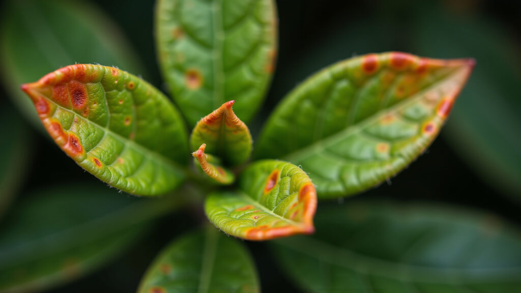 Folhas de planta com manchas de ferrugem laranja.