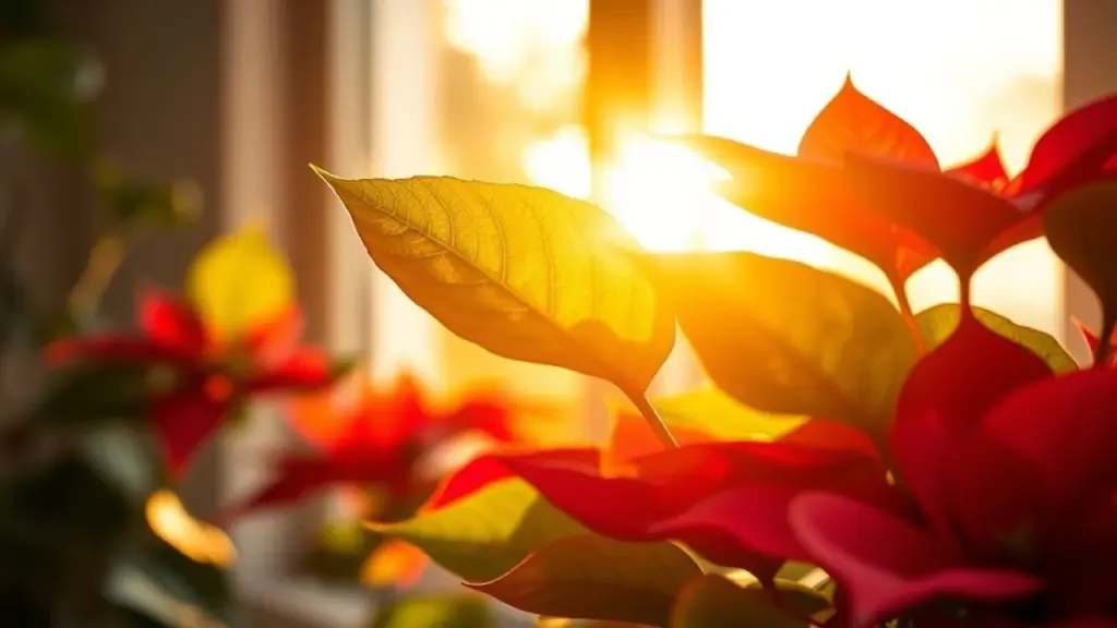 Close-up of poinsettia leaves receiving indirect sunlight near a window, soft focus background, Luz indireta do sol iluminando folhas de bico-de-papagaio perto da janela.