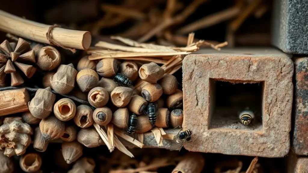 Detalhes dos compartimentos de hotel para insetos: bambu, pinhas, palha e tijolos.