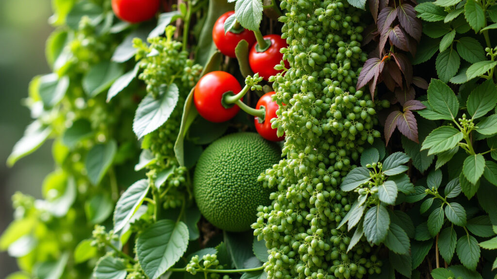 Close-up of various herbs in a vertical garden, vibrant colors, natural light, 8K, sharp focus, Seleção de temperos para jardim vertical.